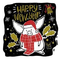 Pig with scarf and hat and holiday doodle elements vector