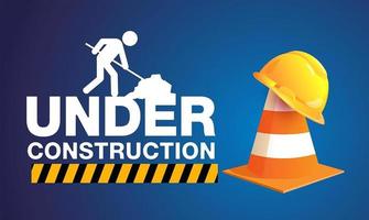 Under construction sign with cone on blue gradient vector