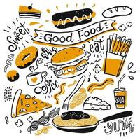Hand drawn coffee and food set vector