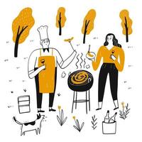 Hand drawn couple grilling outdoors vector