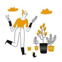 Hand drawn happy young woman gardening at home vector