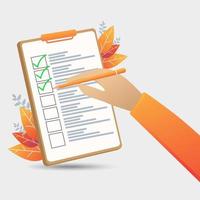 Mano sujetando el lápiz en la lista de verificación vector