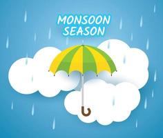 Monsoon season design with umbrella over clouds vector