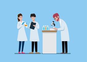 tres científicos que trabajan en el laboratorio de ciencias vector