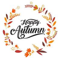 Happy Autumn typography in circle leaf frame vector