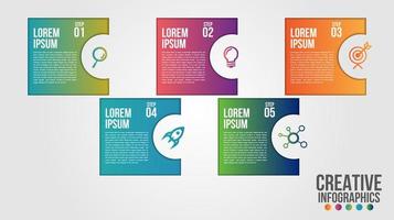 Notched square gradient 5 step infographic vector