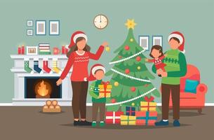 Family decorating Christmas tree vector