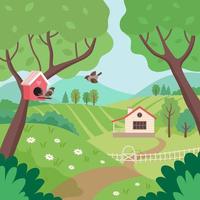Spring countryside with house, trees and birds vector
