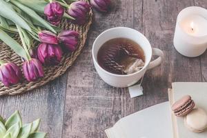 Lifestyle of tea, flowers and macarons 