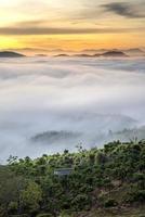 Trees among foggy hills and sunset photo