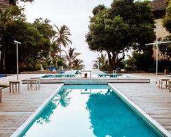 Two people at resort swimming pool photo