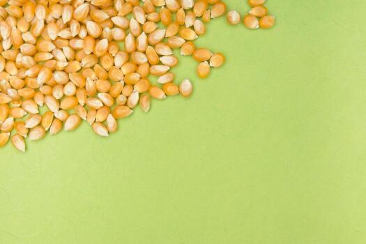 Corn kernels on green background photo