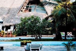 Lounge chairs at swimming pool photo