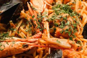 Seafood pasta close up photo