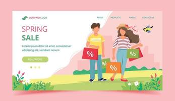 Spring Sale Landing Page Design with Couple Shopping  vector