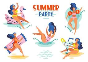 Set of young smiling girls with blue hair in swimsuits vector