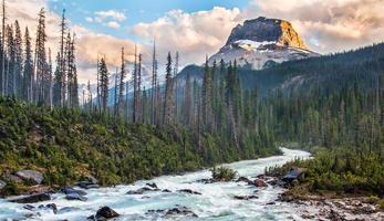 Mountains and river at sunset photo