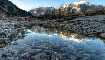 Reflection of mountains in water photo
