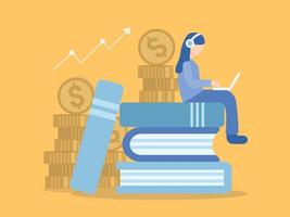 Woman Sitting on Books Learning Business and Finance Online vector