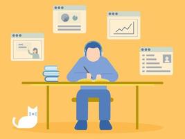 Man Sitting at Desk Learning in Online Course vector