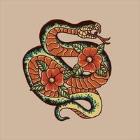 Traditional snake and flowers tattoo design vector