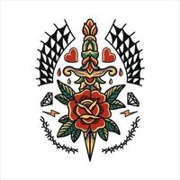 diseño tradicional de tatuaje de rosa y daga vector