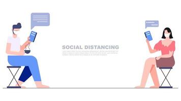 dos personas que mantienen distancia social y se envían mensajes de texto vector