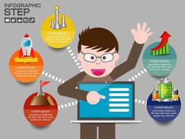 Infographic with 5 steps and main pointing at laptop vector