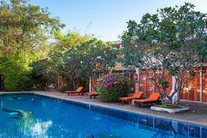 Pool and chairs at hotel photo