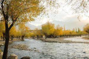 Río que fluye a través del colorido bosque de follaje en otoño foto