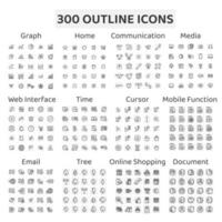 conjunto de 300 iconos de esquema gráfico, hogar y más vector