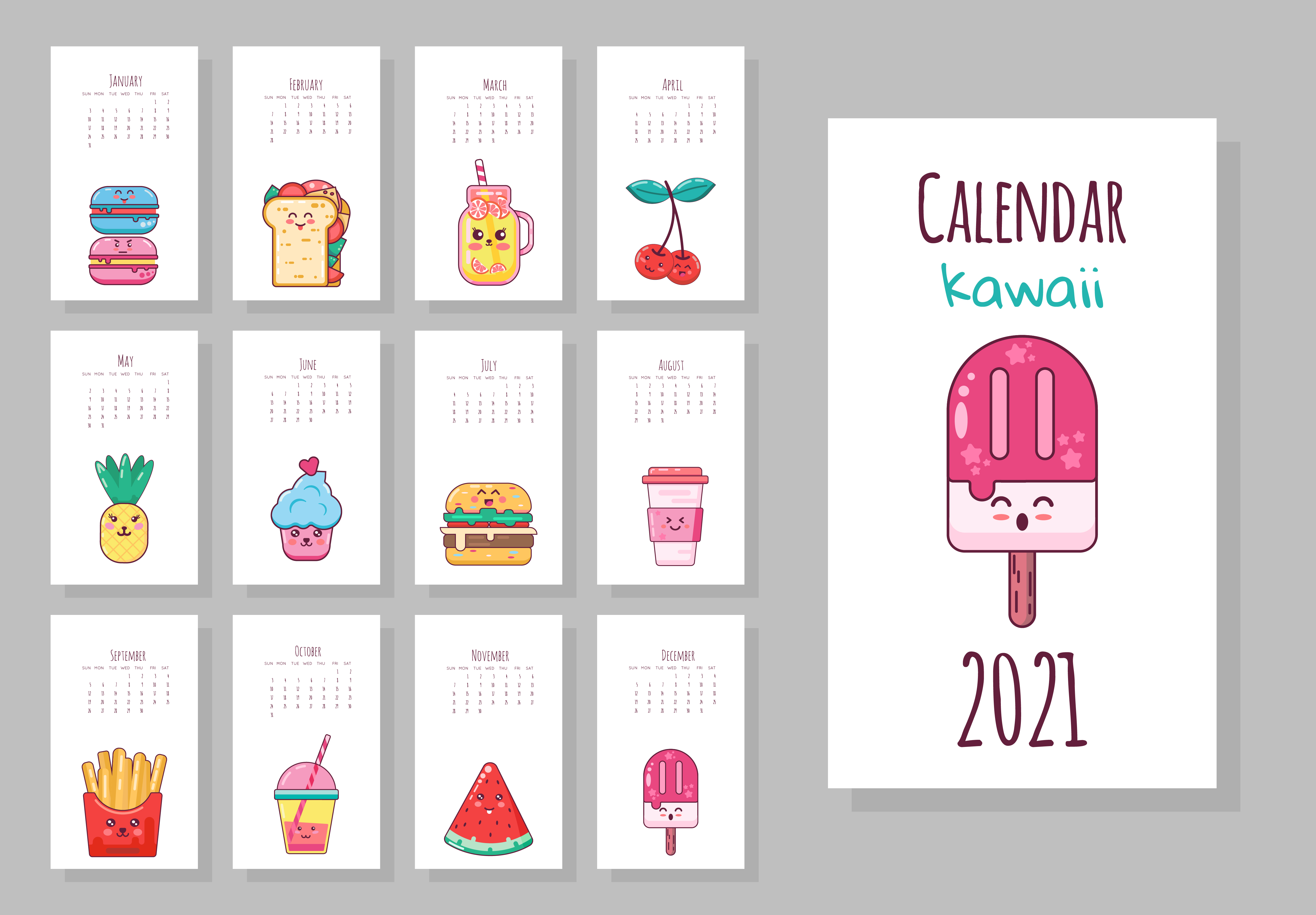 Cute Monthly Calendar With Kawaii Food Objects Download Free Vectors Clipart Graphics Vector Art calendario kawaii 2021