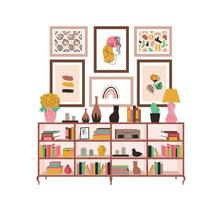 Scandinavian bookcase with books and houseplants vector