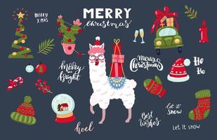 Hand drawn Christmas llama and items set vector
