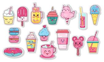 Conjunto kawaii de comida y bebida vector