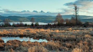 Brown grass field near lake and mountain under blue sky photo