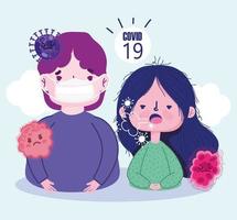 Cartoon girl coughing and boy wearing mask vector