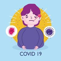 cartel de pandemia de virus covid 19 con un joven enfermo vector