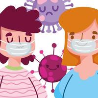 Covid 19 pandemic design with boy and girl with protective mask  vector