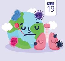 covid 19 pandemia de virus con mundo enfermo y pulmones vector