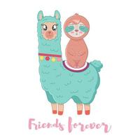 Cute fluffy cartoon llama and sloth vector