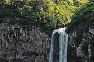 Cliff-side waterfall in forest photo