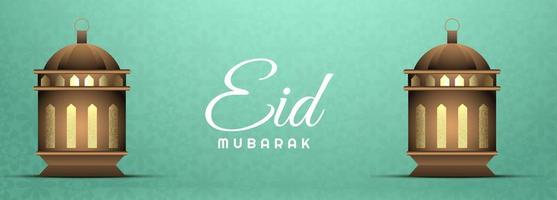 Eid Mubarak banner con linternas en patrón verde vector