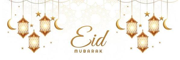 Eid Mubarak banner with hanging lanterns, moons and stars vector