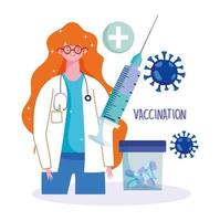 Female physician with pills and vaccination vector
