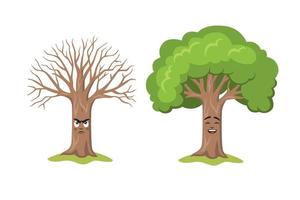 Two happy and sad cartoon tree characters vector