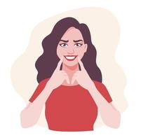 Cartoon woman pulling on mouth showing fake smile vector