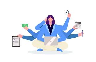 Multitasking business woman using smartphone and laptop vector