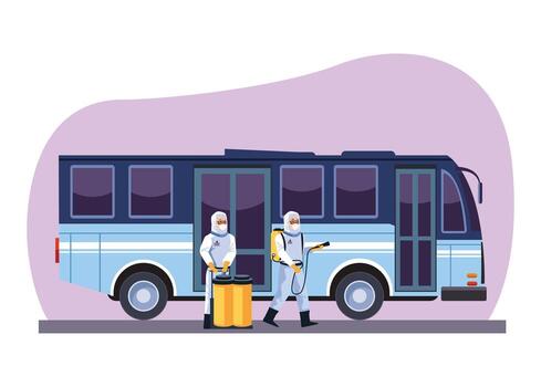 trabajadores de bioseguridad desinfectan autobús vector