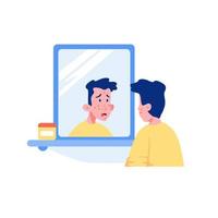 Teenage guy with acne looking in mirror vector